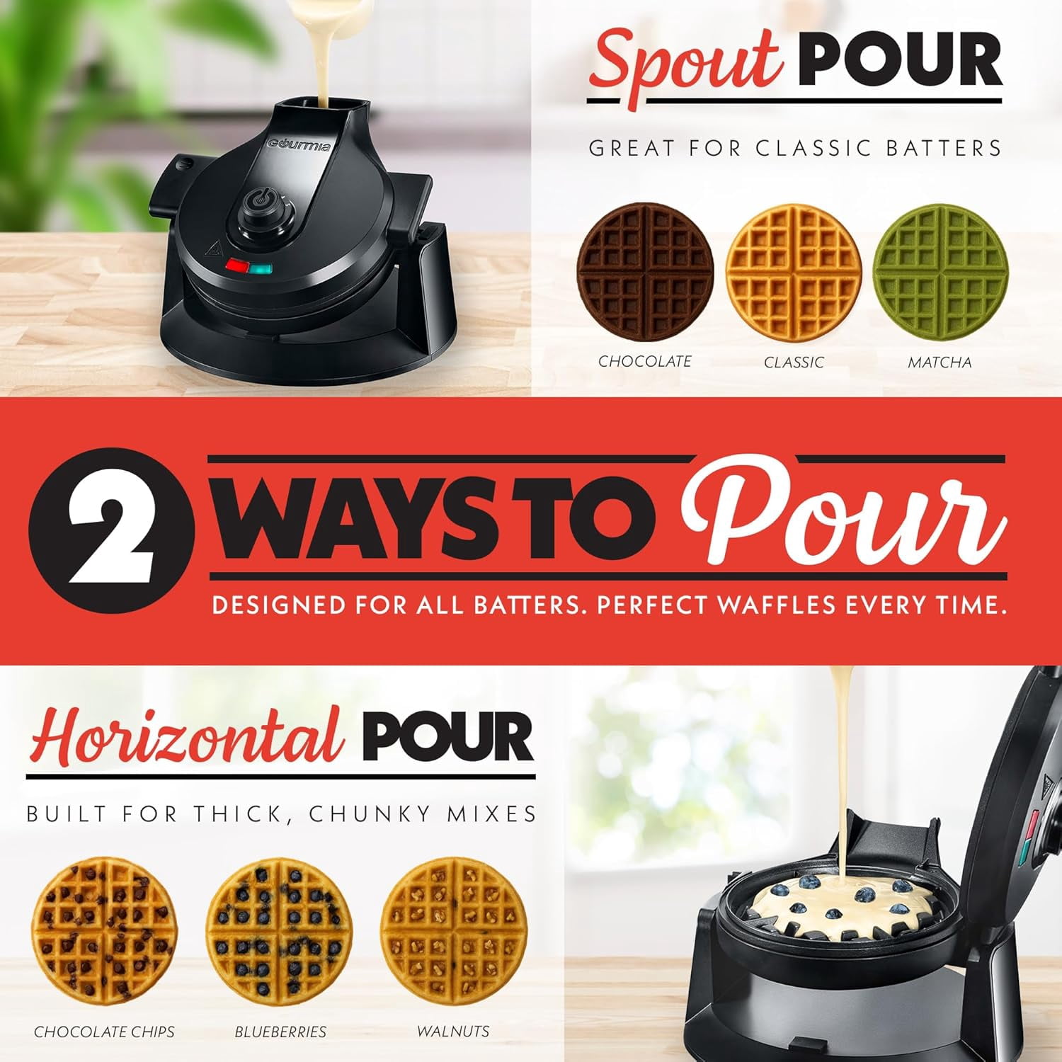 Dual Pour Waffle Maker – Belgian Waffle Maker with Mess  Spout, Nonstick Plates, Compact Upright Storage, 800W, Black