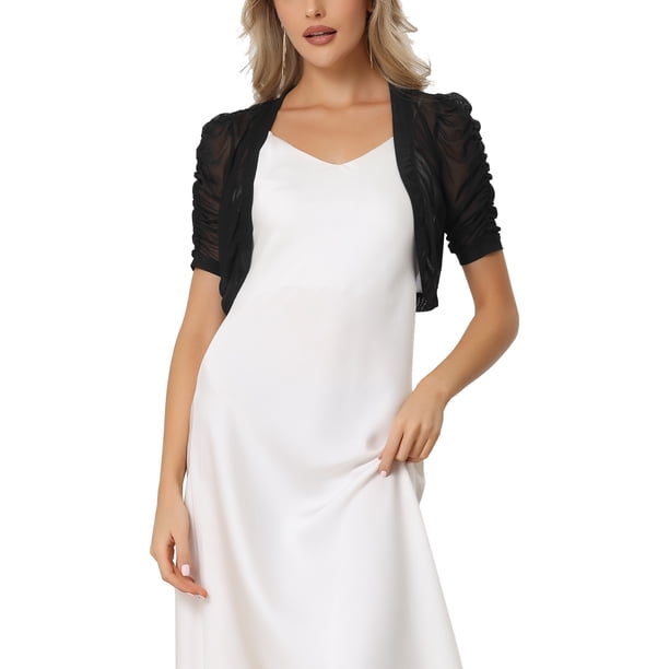 INSPIRAR CHIC Chaqueta de Malla para Mujeres, Abierta en Frontal, con Mangas Cortas Fruncidas, Corta Bolero, Color Negro, Talla XS