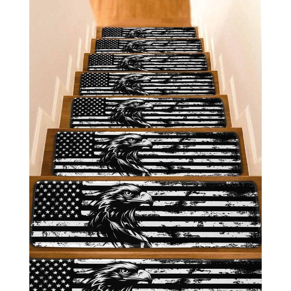 Stair Treads for Wooden Steps, American Flag Peel and Stick Stair Treads with Reusable Adhesive, Black US Flag Eagle Non Slip Indoor Stairs Runner Rugs Mats for Elders Dogs 8"x30" 7PCS
