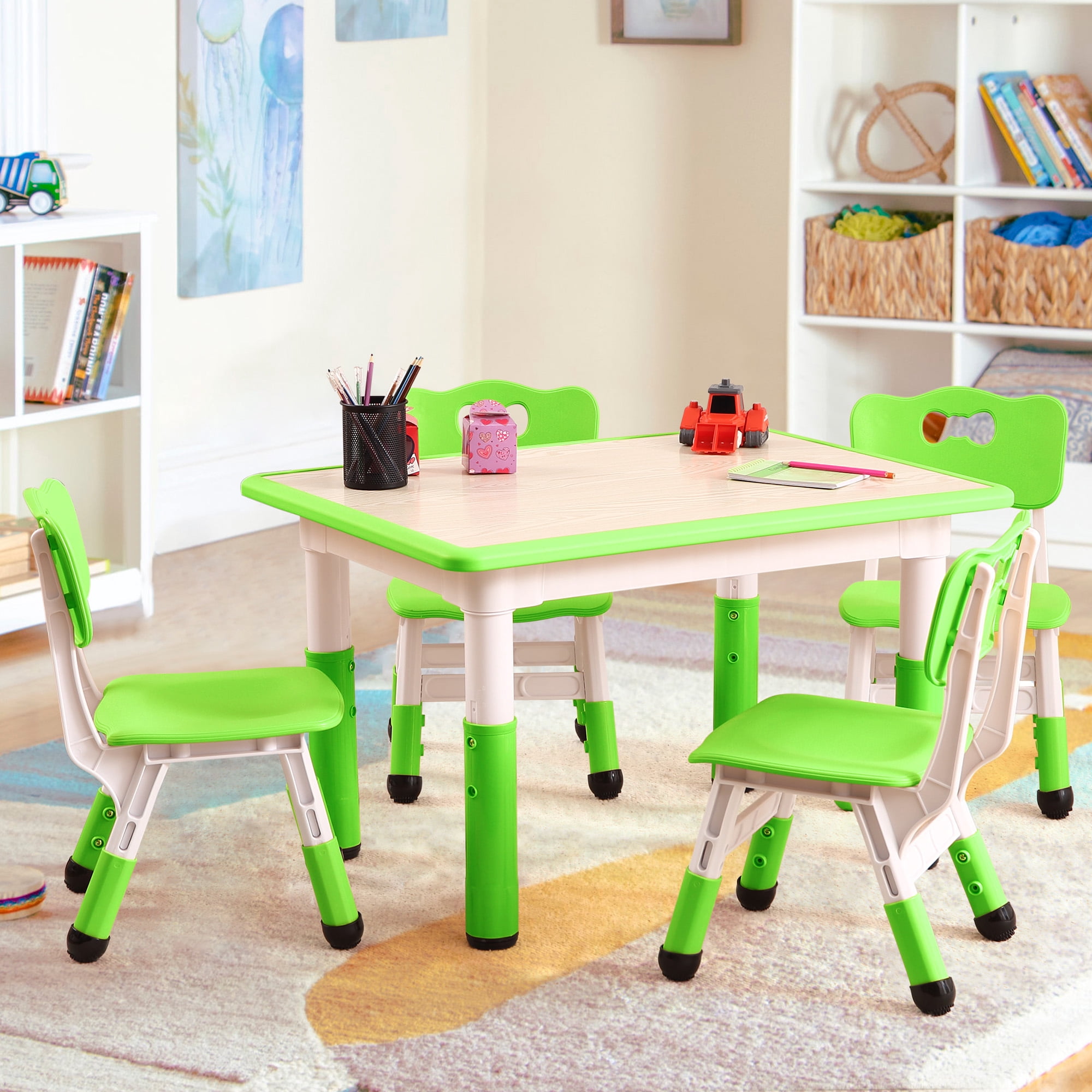 Kids Table and 4 Chair Set,Height Adjustable Toddler Arts & Crafts Table and Chair Set for Ages 2-10,Max 300lbs Kids Activity Art Table for Classroom Daycares,Home
