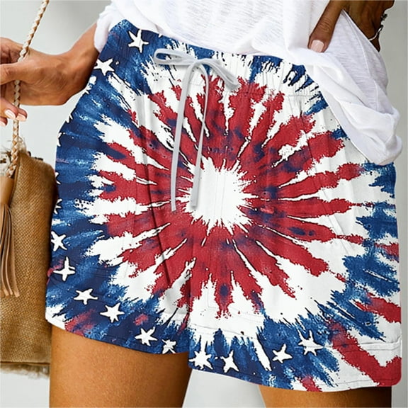 CFLVAEK 4th of July Shorts for Women Red White and Blue Tie Dye Patriotic Shorts Summer Casual Drawstring High Waisted Shorts with Pockets Vacation Beach Trendy Shorts XXL