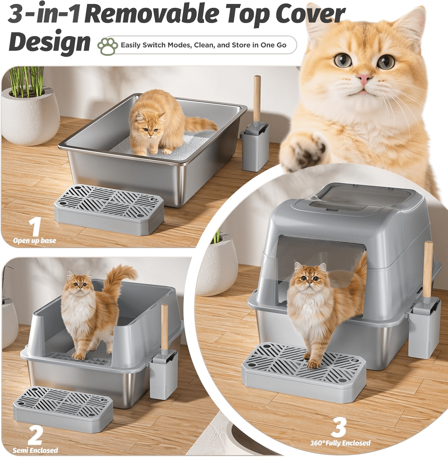 Stainless Steel Cat Litter Box with 110° Flip-Top Lid -XXL Top Entry Enclosed Litter Box for Large Cats with Deodorization Box, Odor-Free, Non-Sticky, Anti-Leak, Removable Lid for Easy Cleaning