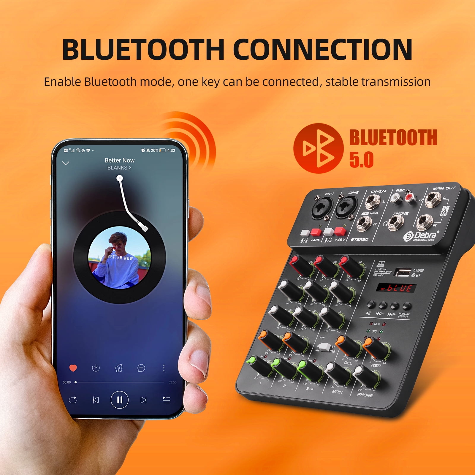V4 Mixer DJ Controller Mixer, 5.0 Bluetooth 48V Phantom Power, Low Bottom Noise For Mixing Console PC Recording ,Easy to Operate