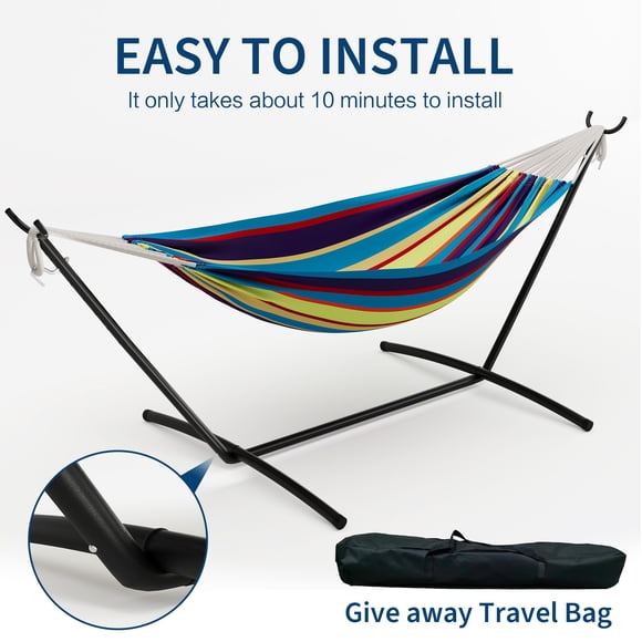 Double Hammock with Space-Saving Collapsible Steel Stand - Portable 2 Person Hammock - 450 lbs Capacity - Great for Indoor, Outdoor, Garden, Camping, Beach - Includes Carry Bag - Color: Exotic