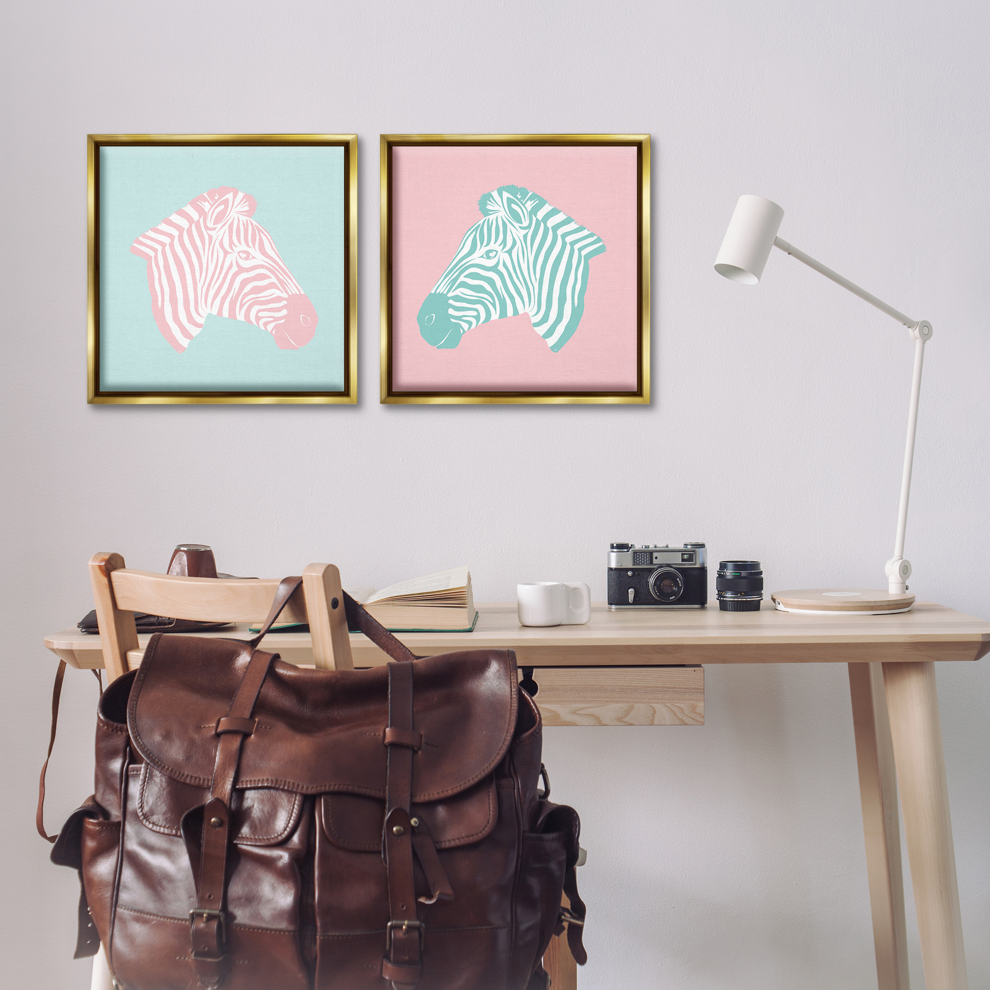 Stupell Industries Sweet Pink and Teal Zebras Animals Painting Gold Floater Framed Canvas Art Print Wall Art, 18 x 18, Set of 2