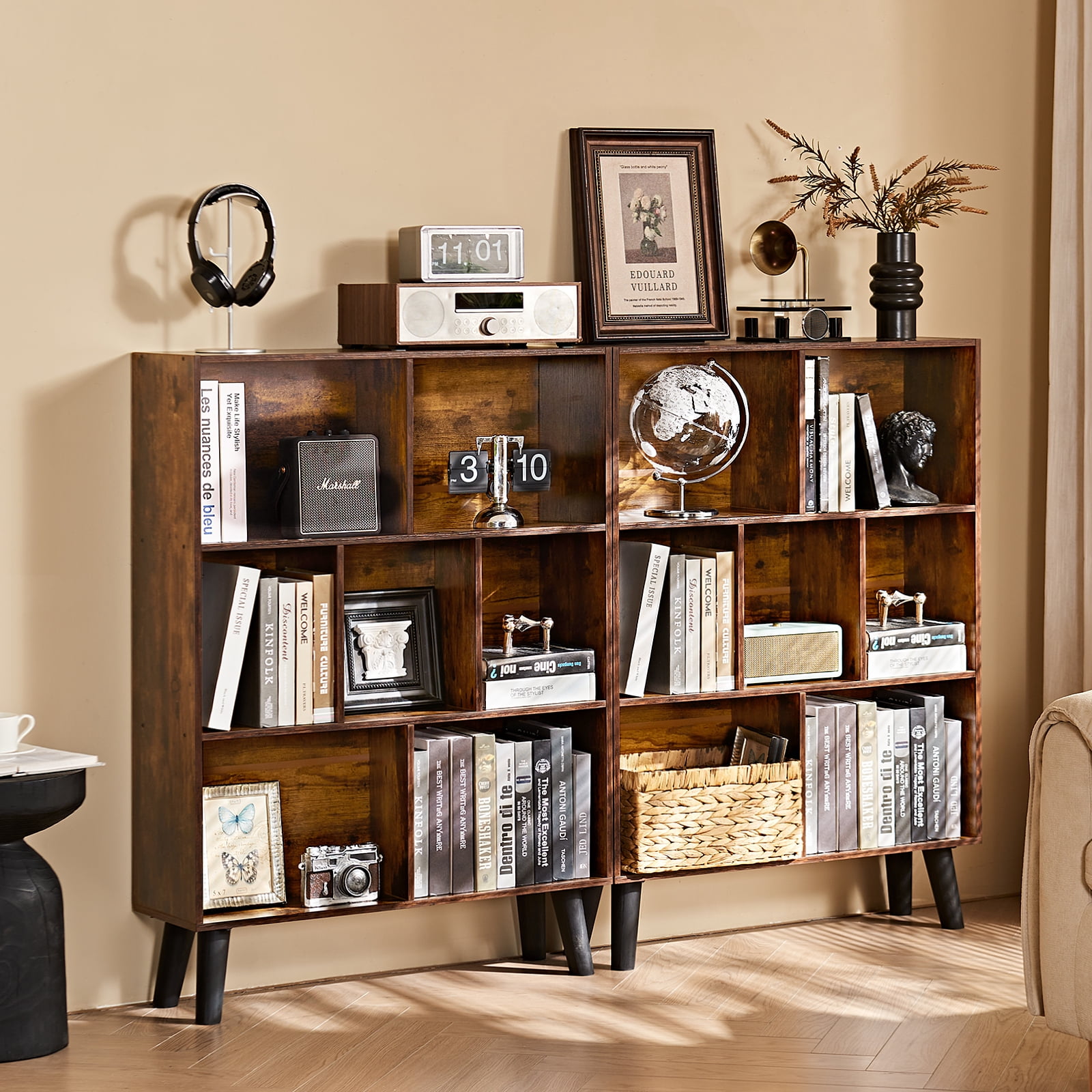 LELELINKY 7 Cube 3-Tier Open Wooden Bookshelf, Toy Shelves Bookshelves,Wood Display Bookcases, Brown