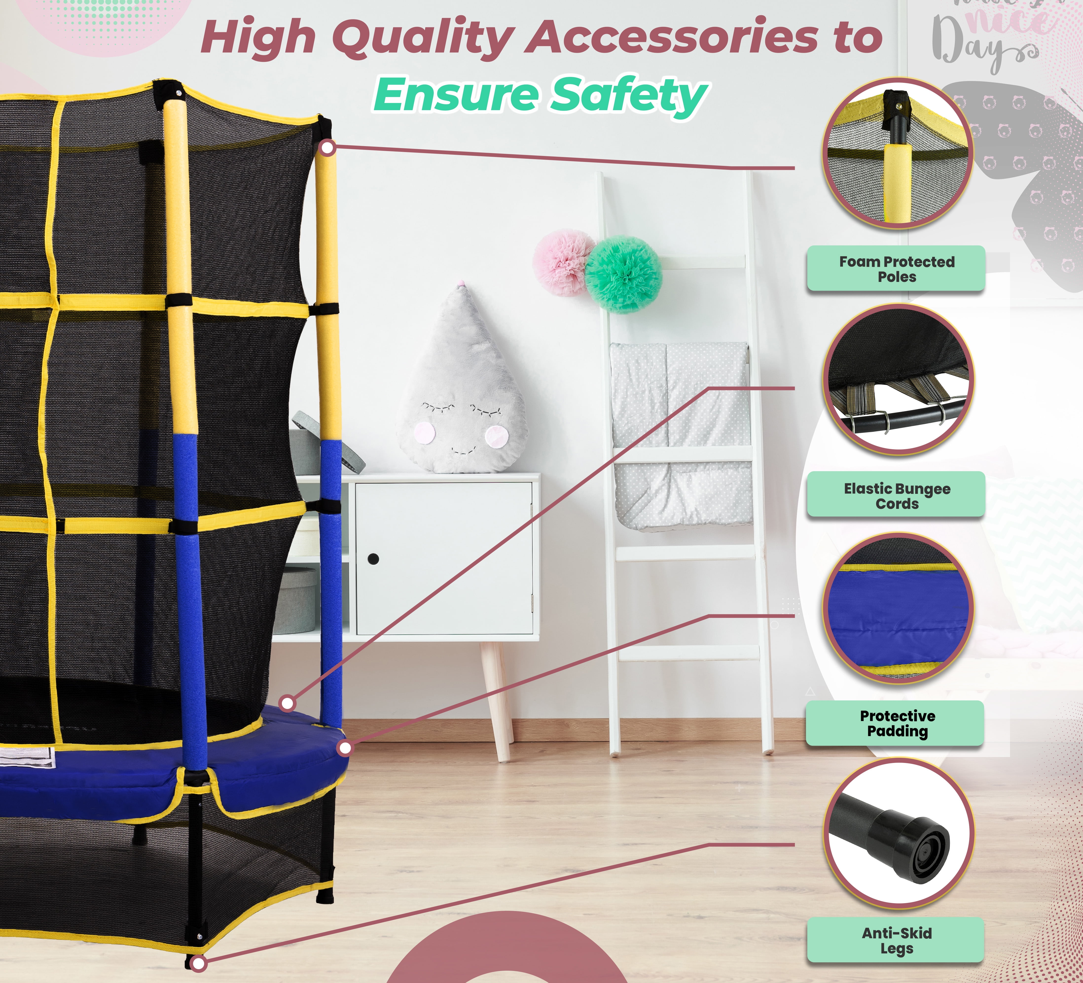 Machrus Upper Bounce 55-Inch Kids Trampoline with Safety Enclosure – Indoor/Outdoor Mini Trampoline for Toddlers & Children, Easy Assembly & Durable Design
