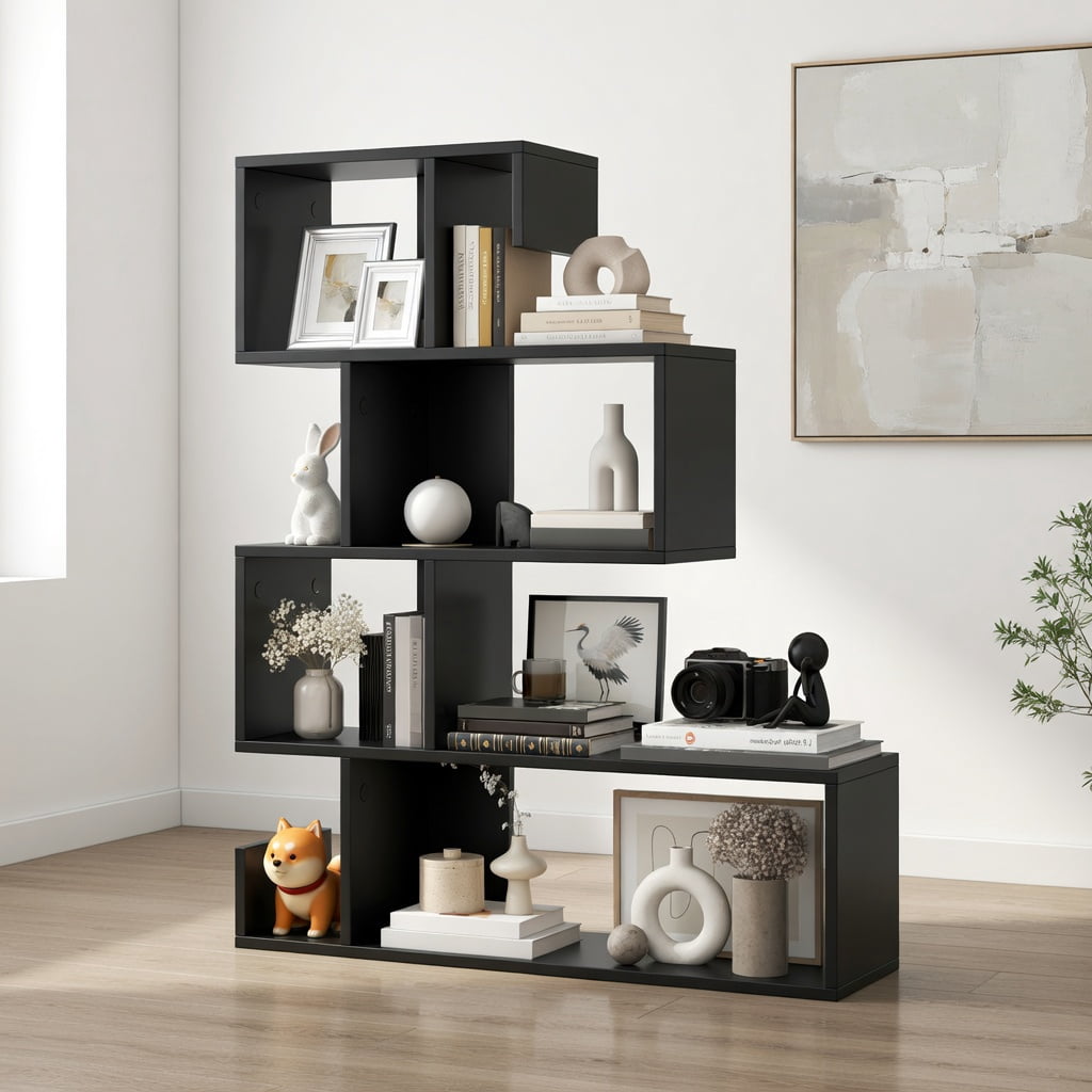 Demi Bonn 5-Tier S-Shaped Bookshelf Geometric Z-Shelf Bookcase with Open Cubes, Black