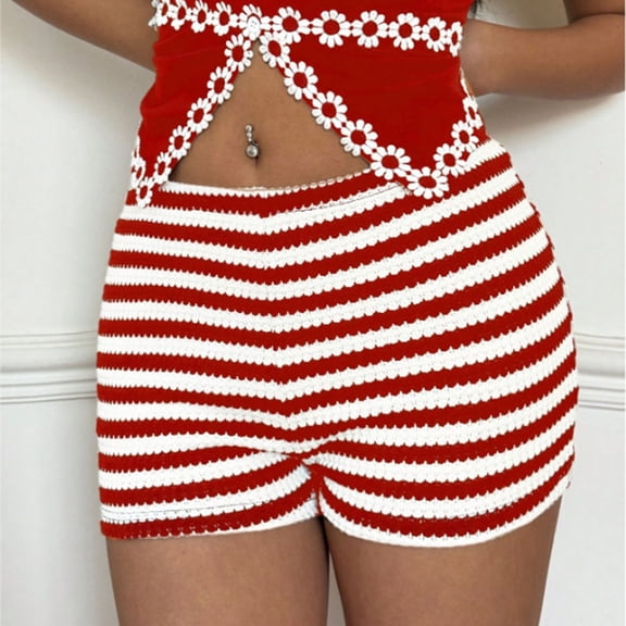 Women's Summer Striped Elastic Waist Drawstring Casual Shorts for Beach and Outdoor Activities