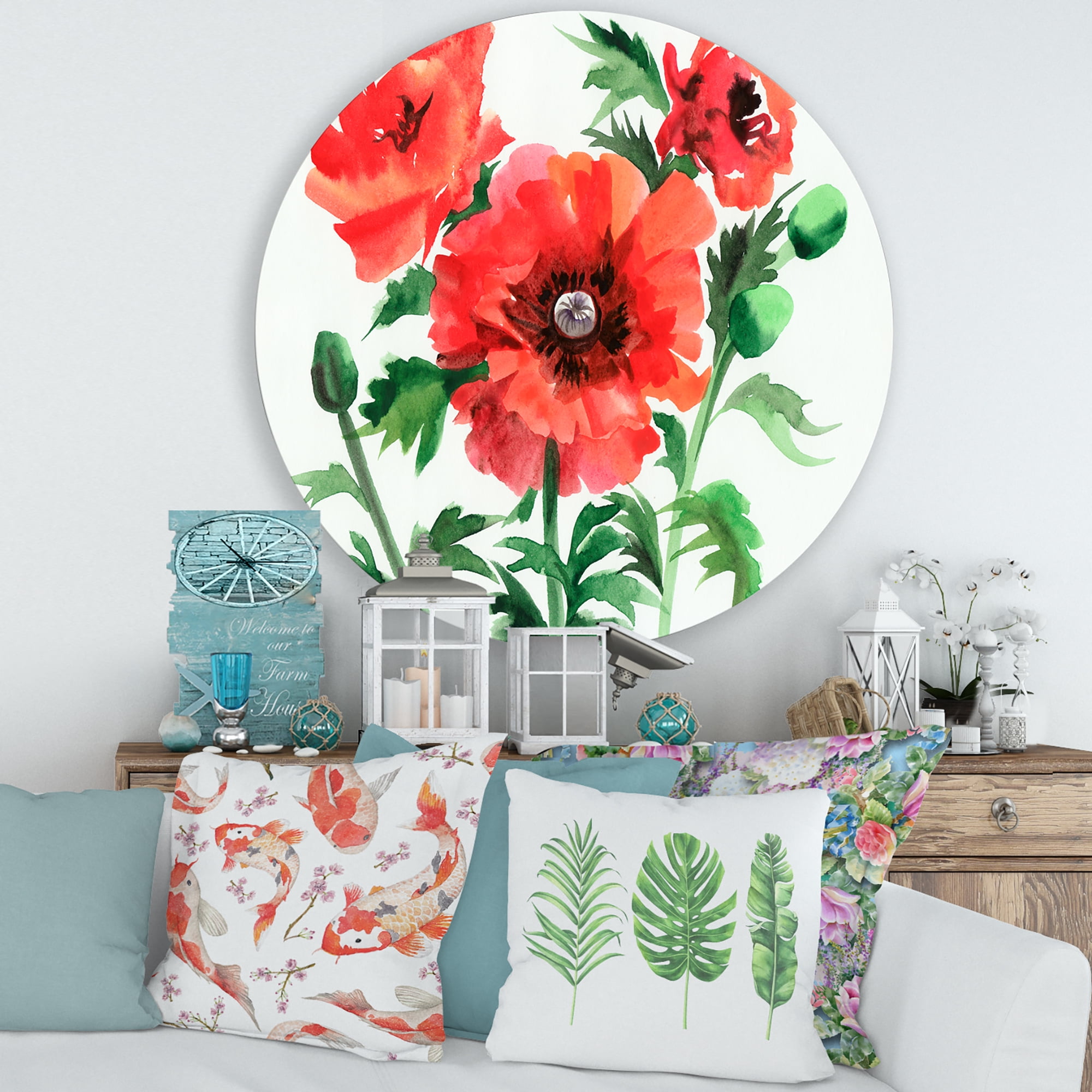 Designart 'Ancient Red Poppies II' Traditional Circle Metal Wall Art 29x29 - Disc of 29