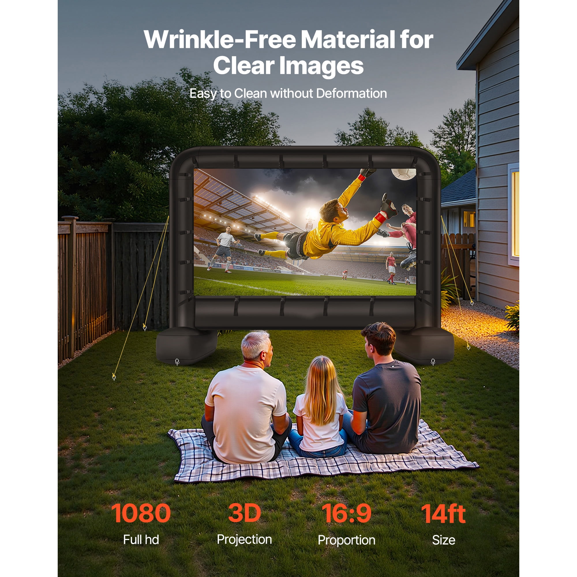 KFFKFF 14 ft Inflatable Movie Screen, 600D Washable Projector Screen with Carrying Bag, 16:9 Quick Setup for Outdoor Events, Home Theater, Parties, and Poolside Entertainment