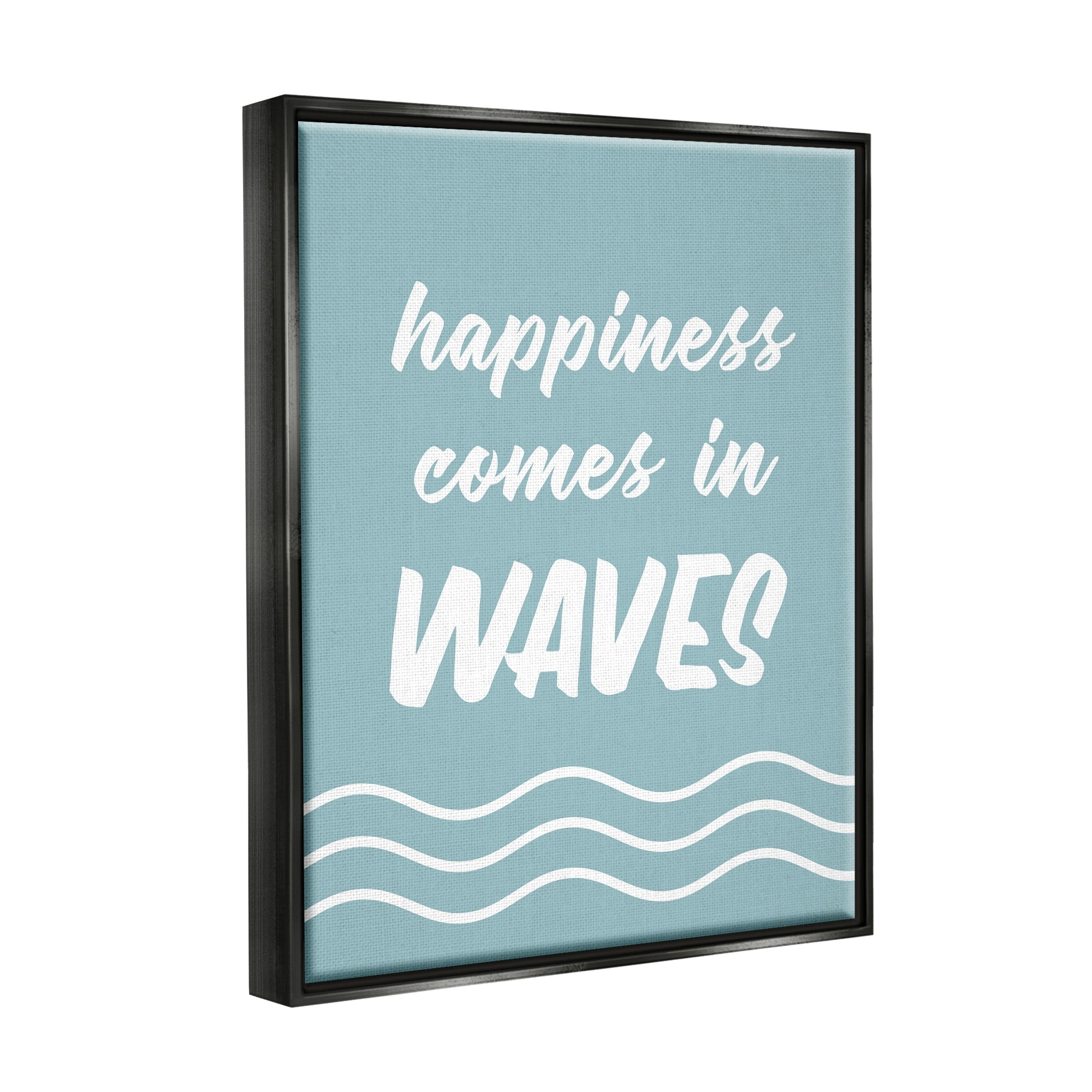 Stupell Industries Happiness Beach Water Waves Uplifting Cursive Phrase Graphic Art Jet Black Floating Framed Canvas Print Wall Art, Design by Lettered and Lined