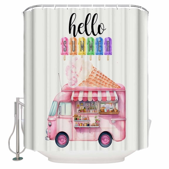 Small Stall Shower Curtain 36x72 Inch Narrow Half Size Hello Summer Bath Curtains Bathroom Decor Pink Ice Cream Truck Watercolor Waterproof Fabric Shower Curtain Set with Hooks 36 Inch