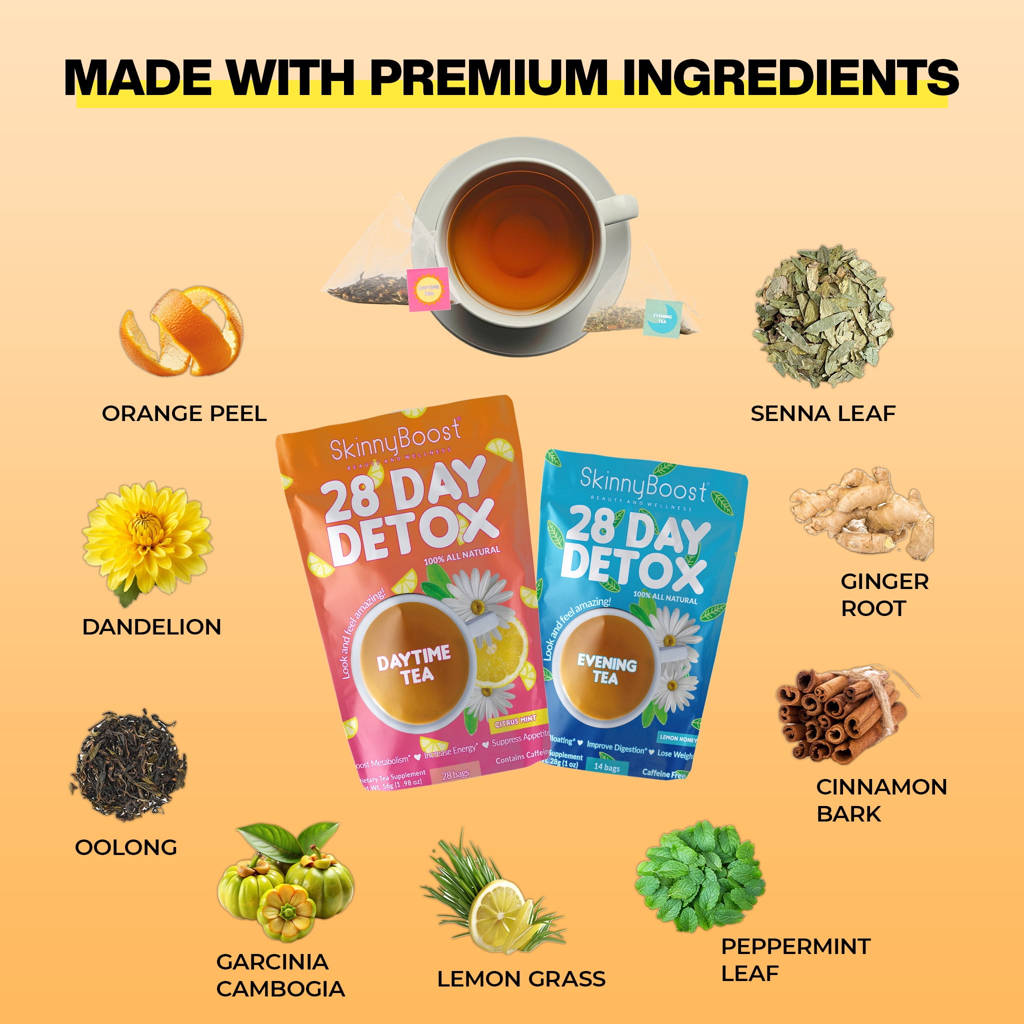 Skinny Boost 28 Day Detox Tea Kit-1 Daytime Tea (28 Bags) 1 Evening Detox Tea (14 Bags) Supports Detox & Cleanse-Non GMO, Vegan, All Natural