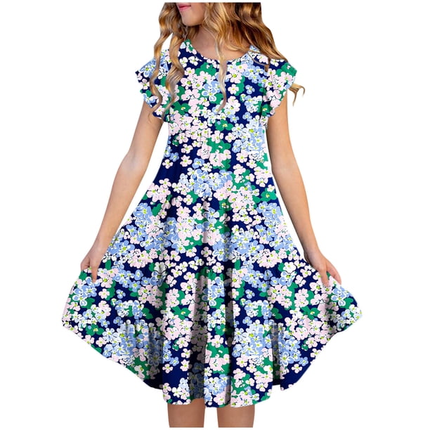 Vestido de verano para niña, de manga corta, con cuello redondo y estampado floral, de poliéster, con bolsillos y volantes.