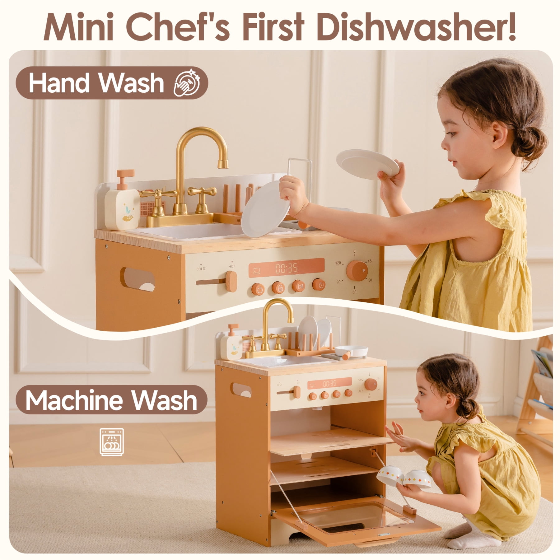 Robud Wooden Dishwasher Playset for Kids - Pretend Kitchen Sink with Faucet, Turning Knobs, Dish Rack & Tableware for Toddler Role Play Toy Ages 3+, Caramel