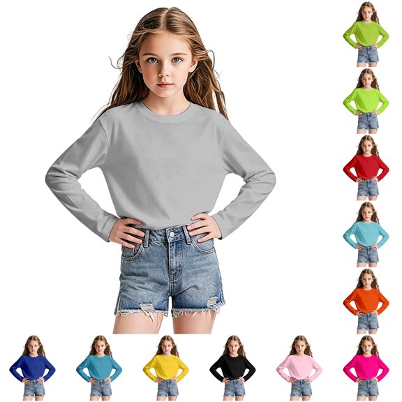 RUTAYY Girls T-Shirt Long Sleeve Solid Color Crew Neck Casual Layering Everyday Tees Grey