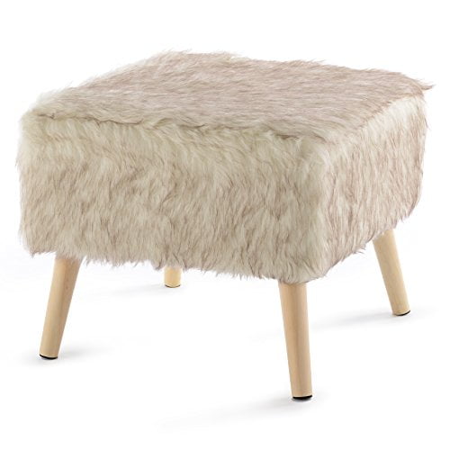 Cheer Collection 17" Square Ottoman | Super Soft Decorative Tan Wolf Faux Fur Foot Stool with Wood Legs