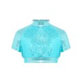 thumbnail image 5 of Aiihoo Kids Girls Jazz Dance Performance Outfit Mock Neck Short Sleeve Sequins Metallic Shirt Crop Top with Shiny Tutu Skirt Streetwear Blue 14, 5 of 6