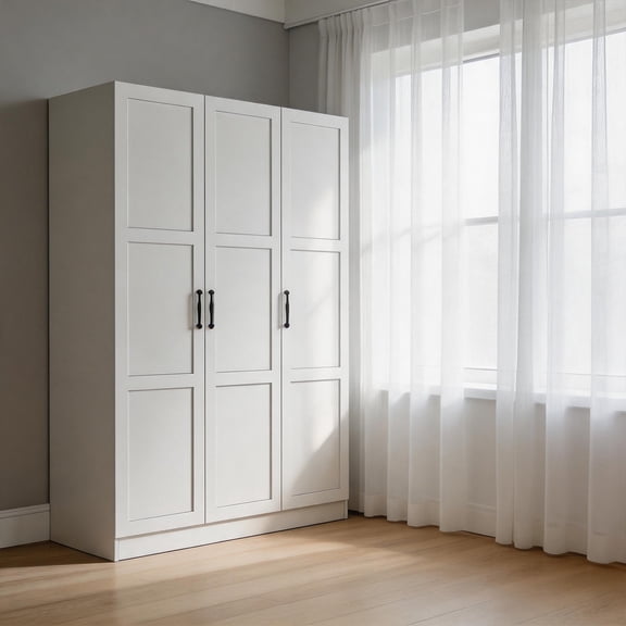 3 Doors Wooden Wardrobe Closet Armoire,Storage Cabinet for Hanging Clothes, Bedroom Large Capacity Freestanding Armoire,Wood Wardrobe Combination with Shelves
