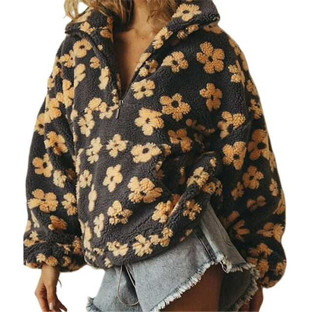 Sudadera de Otoño para Mujer, de Felpa Suave con Estampado Floral, con Cremallera y Capucha Amarillo L