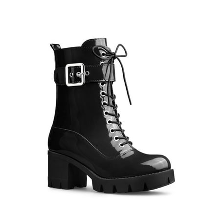 BLISSFUL STEP Women s Chunky Heel Zip Platform Block Combat Boots Black 10