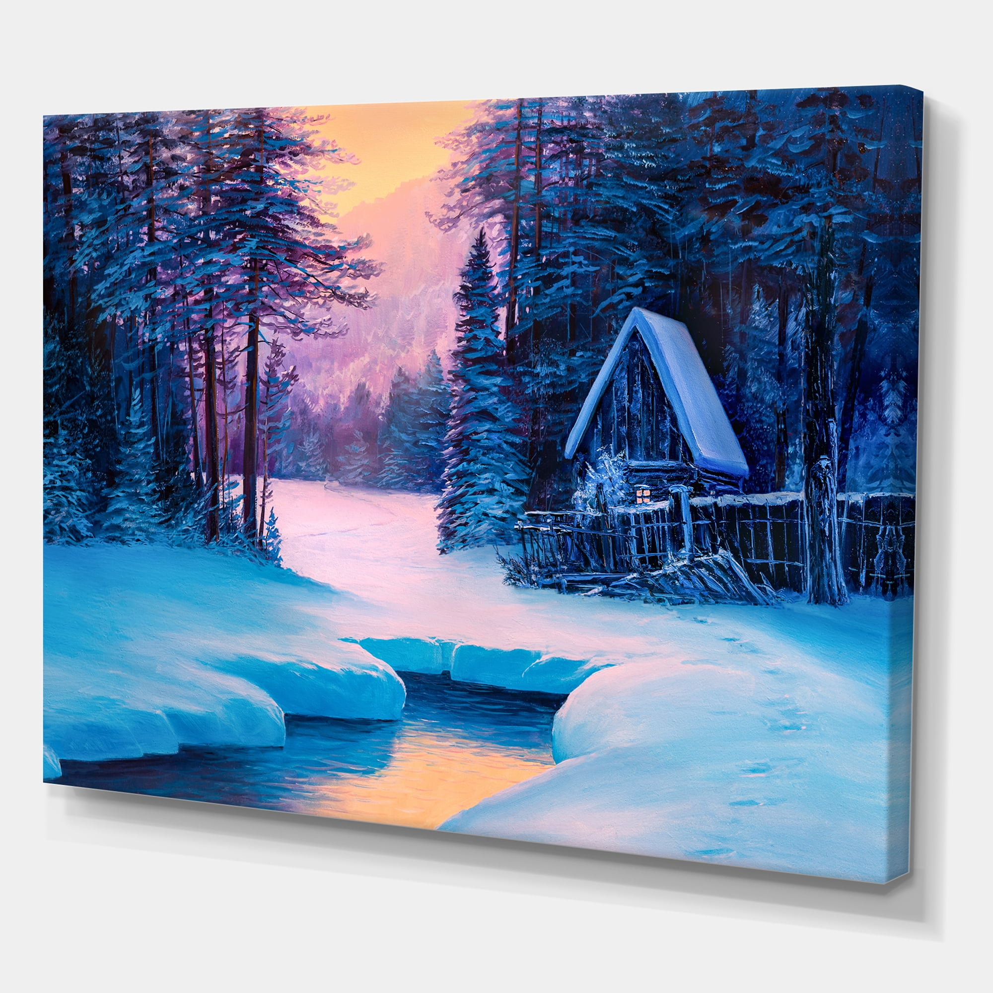 Designart ' The River House In The Woods and Winter Landscape II ' Lake House Canvas Wall Art Print
