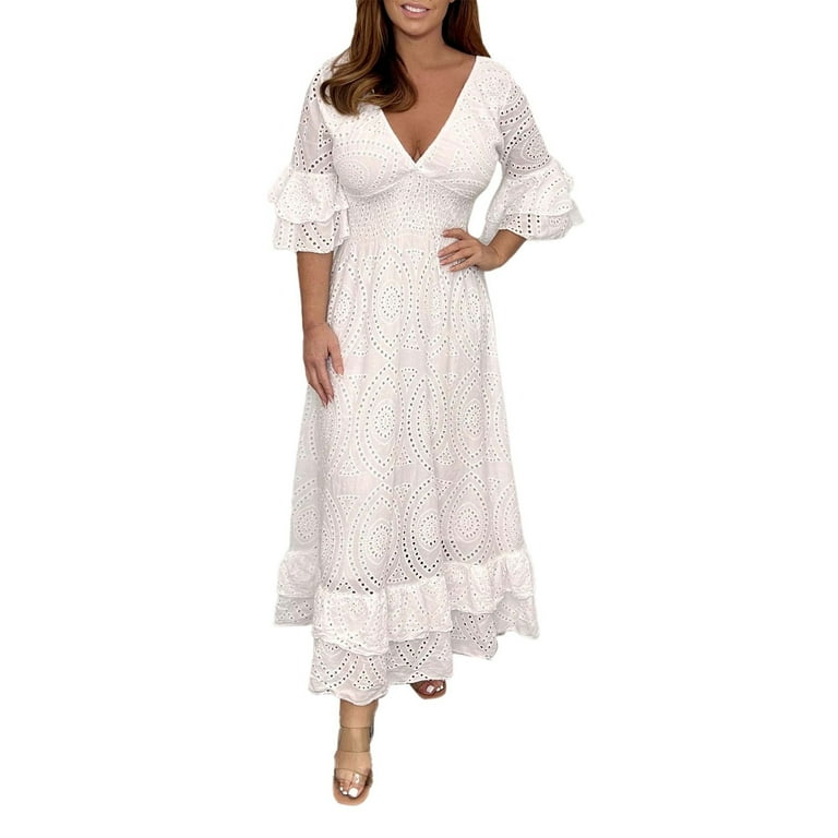Fashion V-Neck High Waist Hollow Lace Long Sleeve Dress Fashion V-Neck High Waist Hollow Lace Long Sleeve Dress