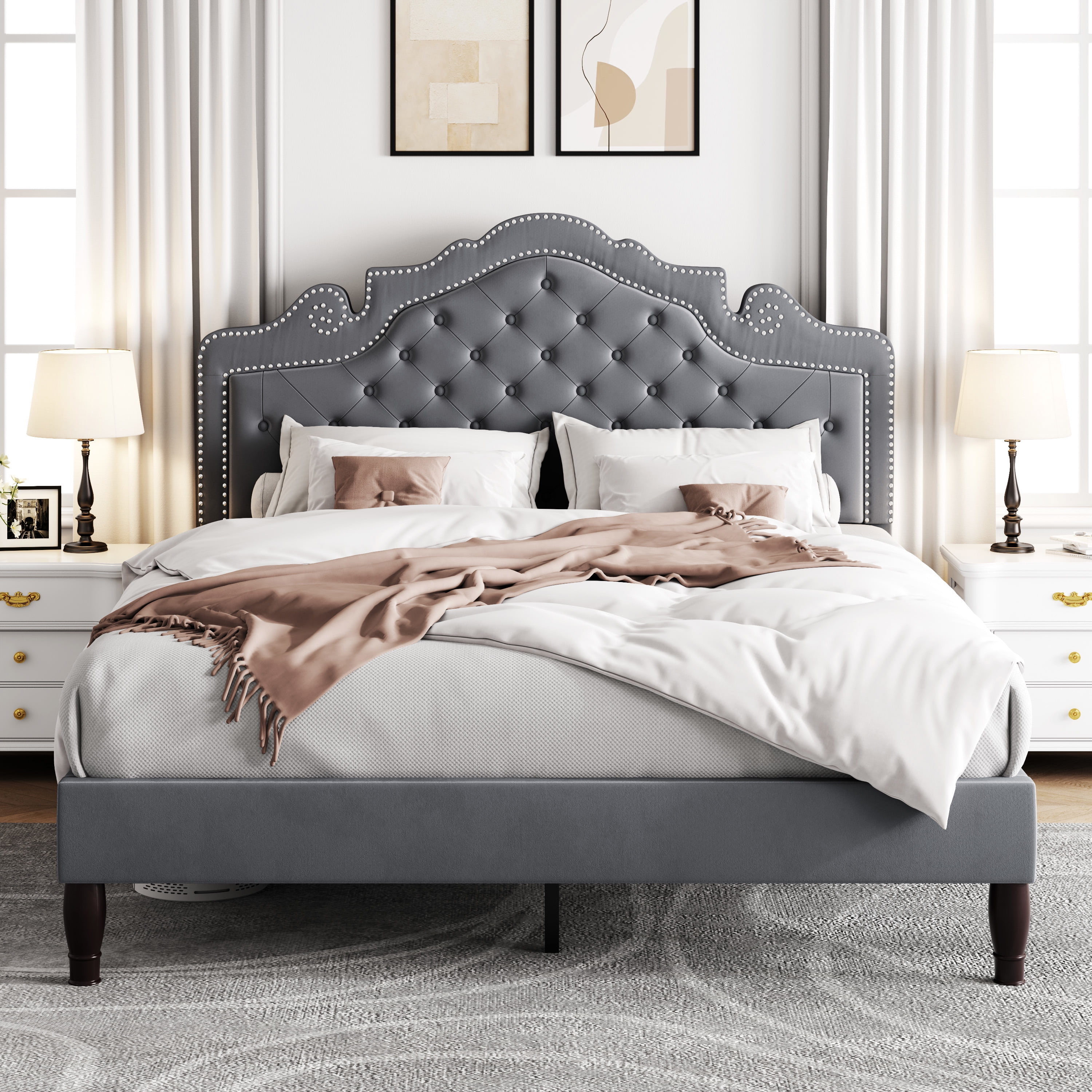 Allewie Full Bed Frame, Velvet Tiara Upholstered Diamond Button Tufted Headboard, No Box Spring Needed, Gray