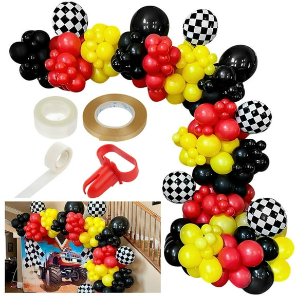 Racing Car Balloons Arch Kit, 150PCS Balloons Garland Set, Racing Themed Party Supplies, Checkered Flag Balloons, Red Yellow Black Foil Balloons for Party Decorations