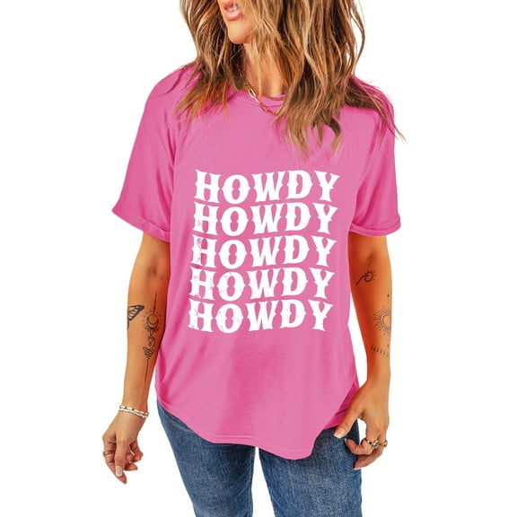 Women's Sachet Pink HOWDY Graphic Western Crew Neck Tee - Trendy Casual Wear | [ZhiHiMeRi] | (US 20-22)2XL