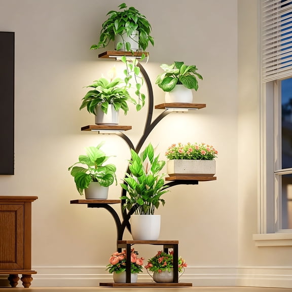 Indoor Plant Stand with Grow Lights 7 Tier Corner Plant Shelf, BECOKOME Metal Indoor Plant Flower Display Rack for Balcony Decor
