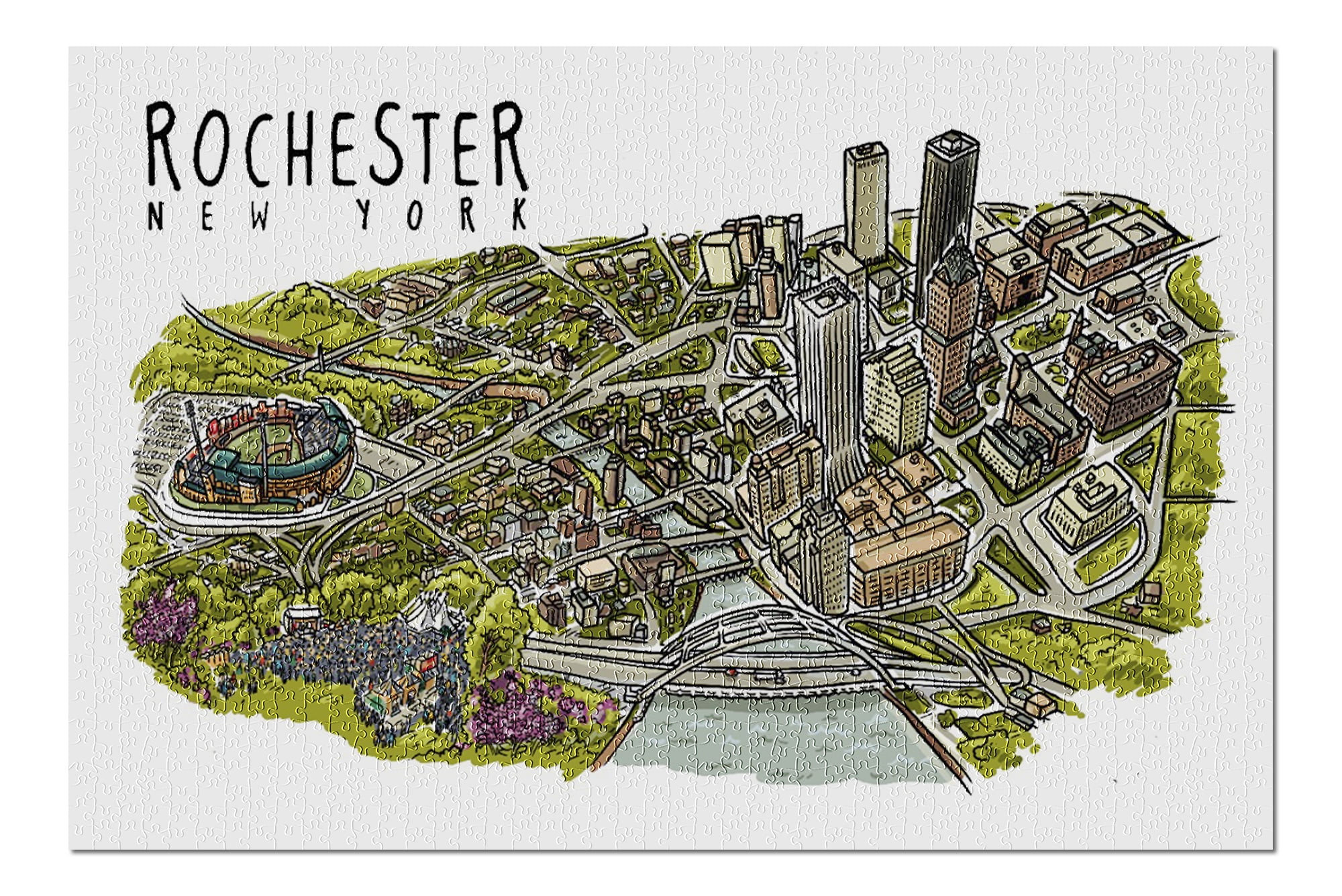 Rochester, New York Line Drawing (20x30 Premium 1000 Piece Jigsaw