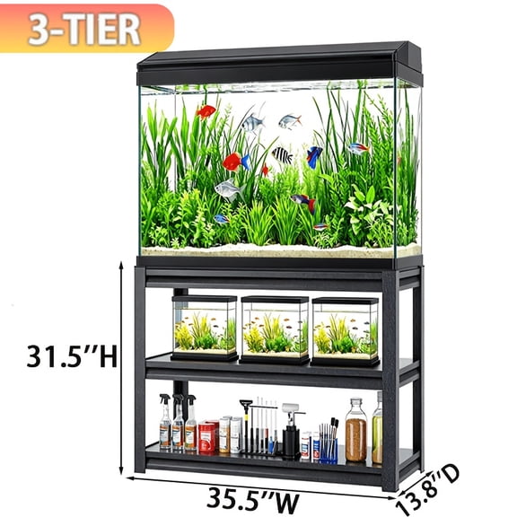 3-Tier Rack Shelf Heavy Duty Metal Frame Aquarium Stand | 20 Gallon Fish Tank Stand, Reptile Terrarium Stand For 30 Gallon Long Aquarium, Breeder Tank Stand, Extra Wide