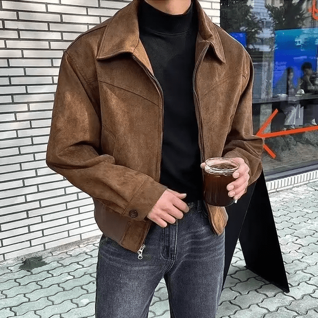 Maillard Vintage Men's Jacket American Style Brown Coffee Color Chamois Leather Velvet Cropped Aviation Jacket For Spring Autumn