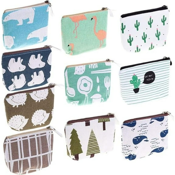 10 Pcs Portable Mini Zipper Bags, Cute Patterned Canvas Pouch Set for Party Favors, School, Office Supplies