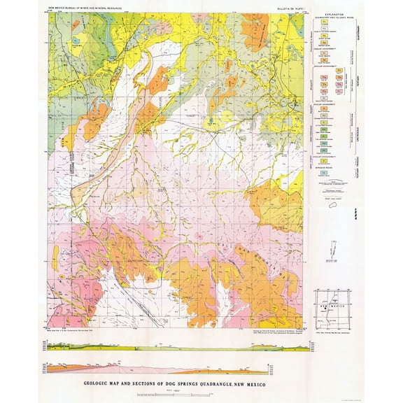 Historic Mine Map - Dog Springs Quad New Mexico Mines - Givens 1952 - Vintage Wall Art