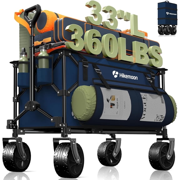 150L Collapsible Wagons Carts Foldable, 360LBS Heavy Duty Folding Beach Cart with Big All-Terrain Wheels, Portable Utility Wagon for Grocery, Shopping, Garden, Sports, Blue