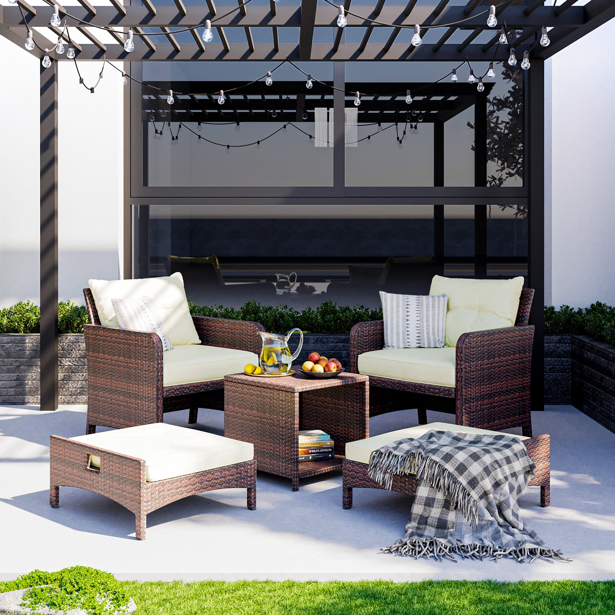 PAMAPIC 5 Pieces Wicker Patio Furniture Set Outdoor Patio Chairs with Ottomans (Beige)