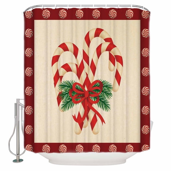 Christmas Candy Cane Bathroom Shower Curtains with Hooks, Red Beige Candy Winter Pine Branch Waterproof Fabric Washable Shower Curtain for Home Hotel Bathtub Decor 72x72 Inch