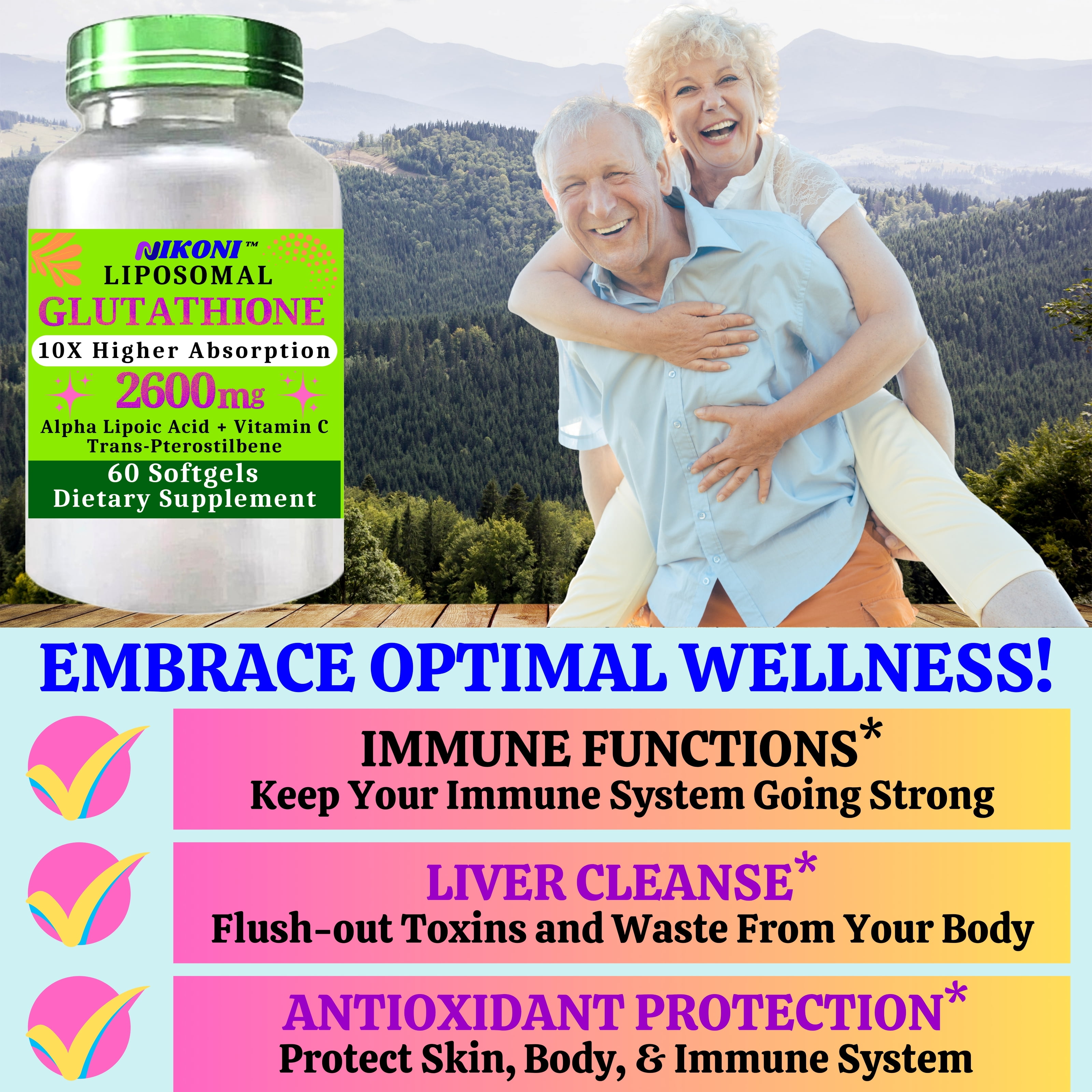 Nikoni Liposomal Glutathione Supplement, 2600 mg with Antioxidant, Supports Skin, Cellular & Immune Wellness – 120 Softgels