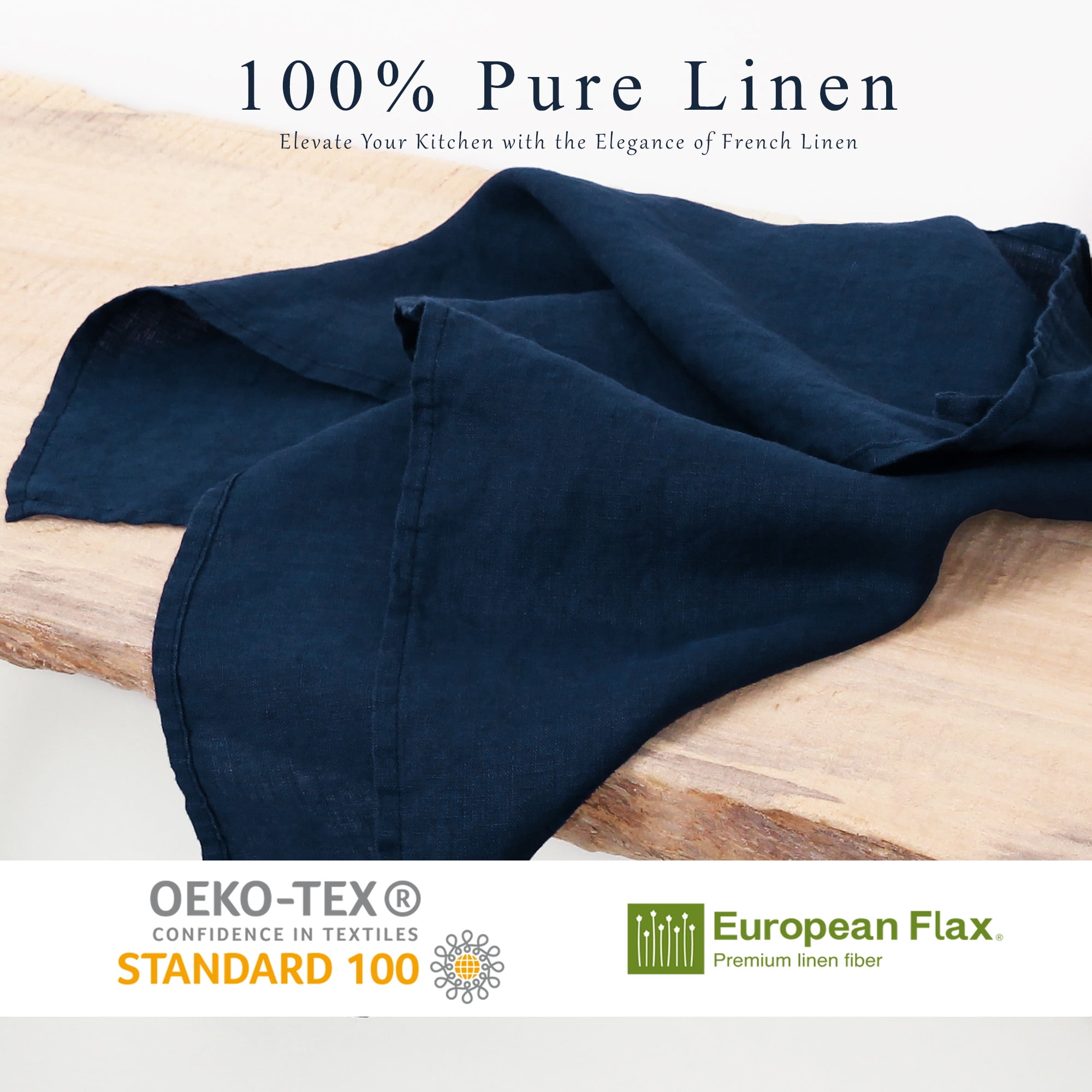 100% Linen Tea Towels 14 x 28 Inch Kitchen Dish and Hand Towels Set of 4 - Navy