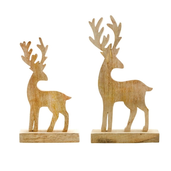 AuldHome Design Wooden Reindeer Christmas Statues (Set of 2); Primitive Style Mango Wood Holiday Figurines