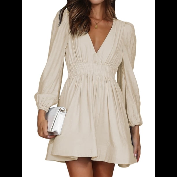 Vestido Mini de Larga con Escote en V Profundo para Mujer, Corte A, Cintura Alta, Informal, Fluido, Ideal para Invitadas A Cócteles y Bodas Albaricoque M