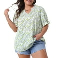 thumbnail image 2 of DARING DIVA Women's Plus Floral V Neck Ruffle Puff Short Sleeve Blouse 4X Green, 2 of 6