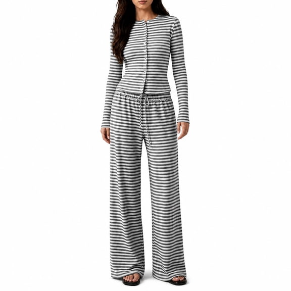 Women's Fall Striped Knit 2 Piece Outfit Long Sleeve Button Down Cardigan Top & Wide Leg Pants Set with Drawstring Waist Casual Loungewear for Daily Wear, Work XL