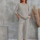 thumbnail image 1 of Conjunto de dos piezas casual sólido, camiseta de manga corta con cuello redondo y pantalones de pierna ancha, ropa de mujer, 1 of 4