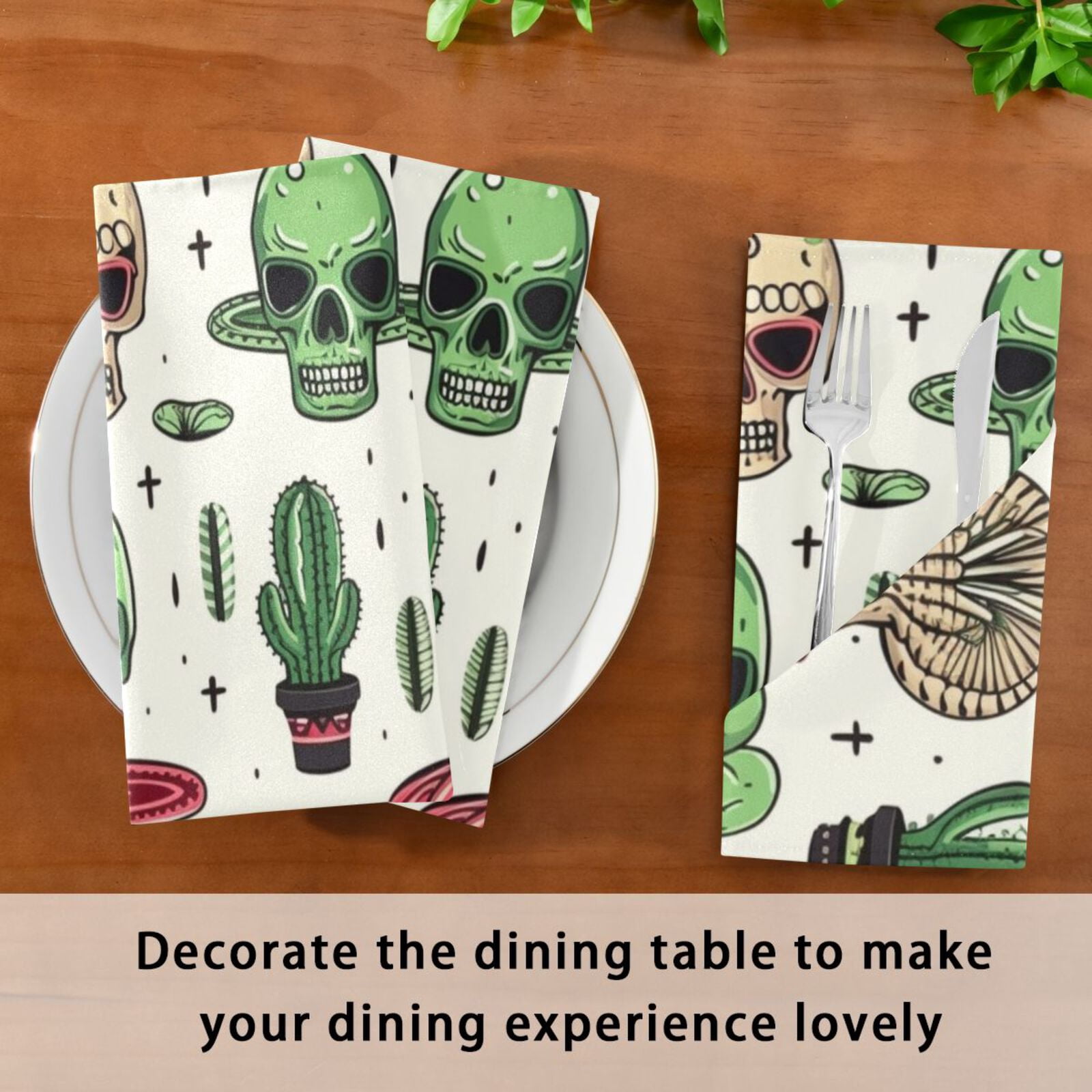 JSTEL Skull Cactus Cloth Napkins Set of 6, 20x20 Inch Washable and Reusable Napkin for Decoupage Dinner Party Everyday Use