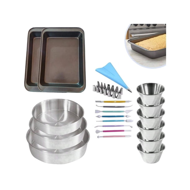Kit de Repostería Para Hornear y Decorar Pasteles Completo (2 Charolas Rectangulares de 37 cm, Moldes Redondos 18, 20, 22 cm, 6 Flaneras, Duyas, Un Cople, Manga Reutilizable y Moldeadores de Fondant)