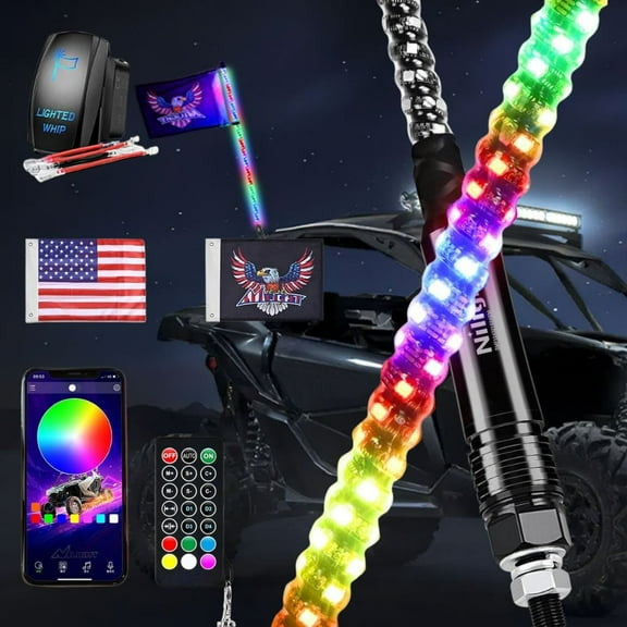 Nilight RGB Whip Light 1PC 4FT Lighted Antenna Whips with Remote & App Control DIY Chasing Patterns Brake Reverse Lights for ATV UTV Polaris RZR Can-am Dune Buggy Pickup Trucks Jeep